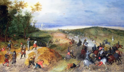 Kavalleri attackerar hästdragna vagnar (panel)